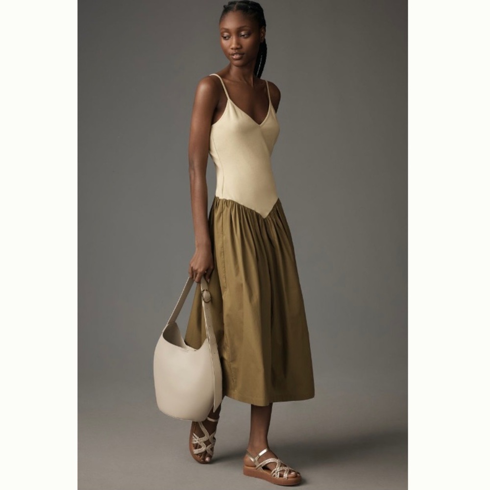 🌿|NWT| Anthropologie Maeve Ribbed Poplin Twofer Midi Dress